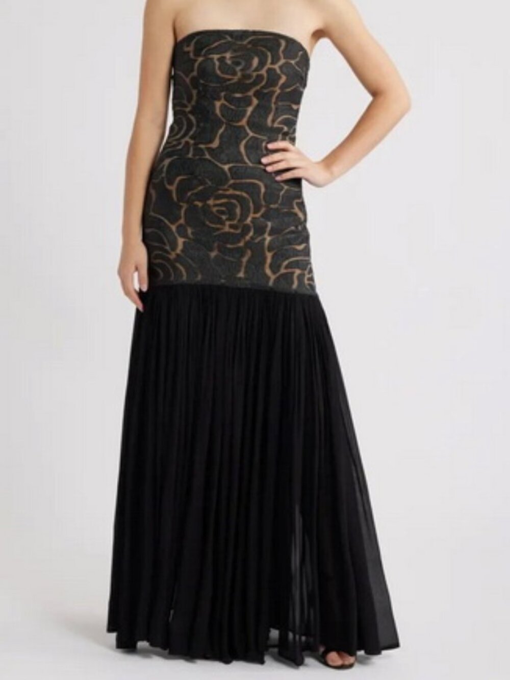 Sonya Moda Black Nude Eden Mixed Media Strapless Gown